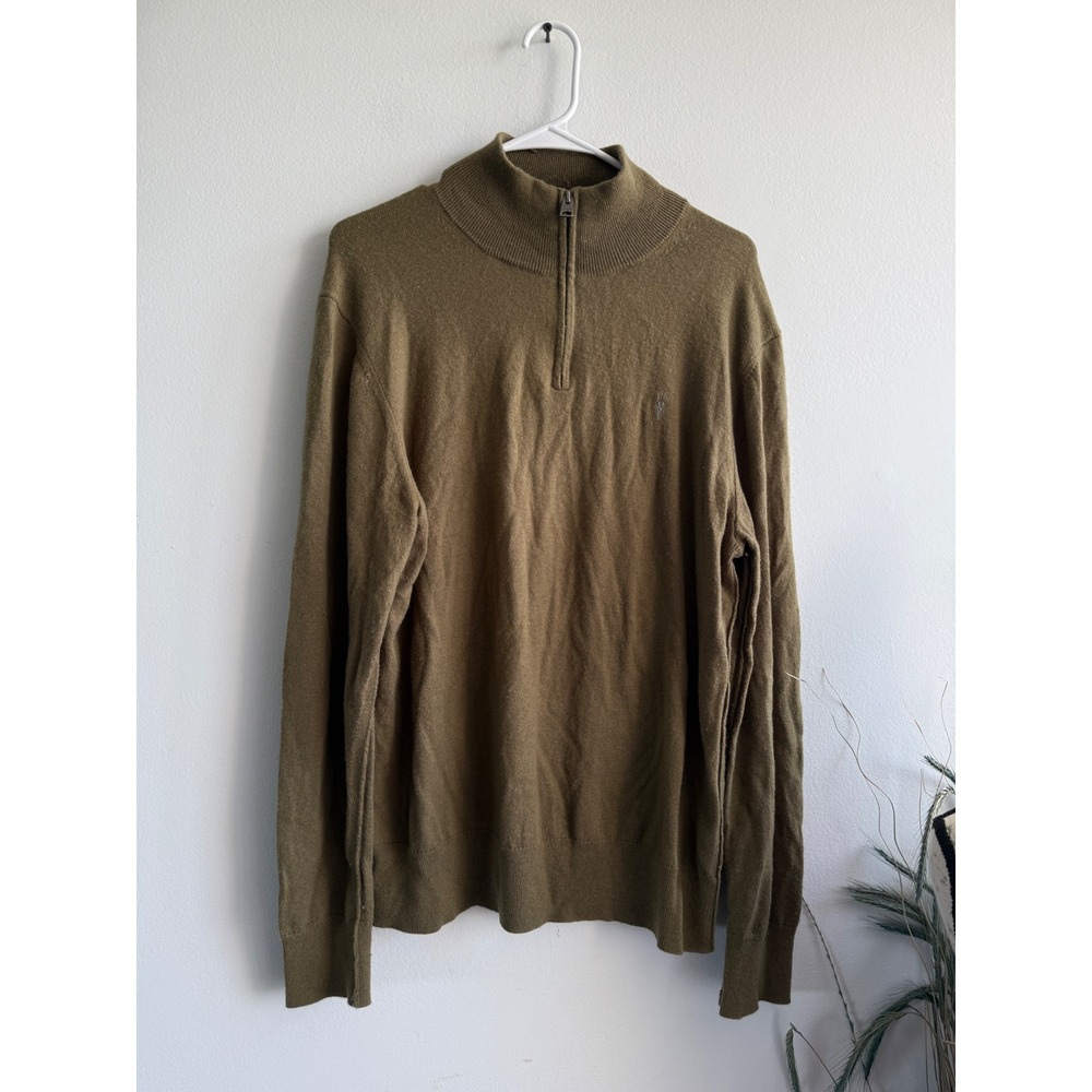 AllSaints Mens XL Olive Green Wool‎ Blend Quarter Zip Ramskull Sweater Pullover
